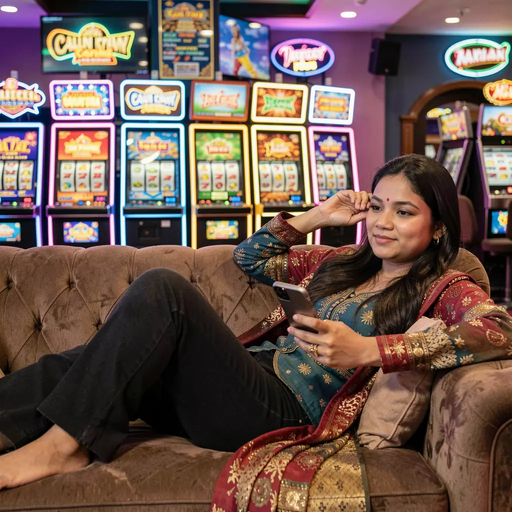 Elegant Nepalese woman relaxing on a sofa while using the JOY111 casino app with glowing slot machines and neon lights behind her