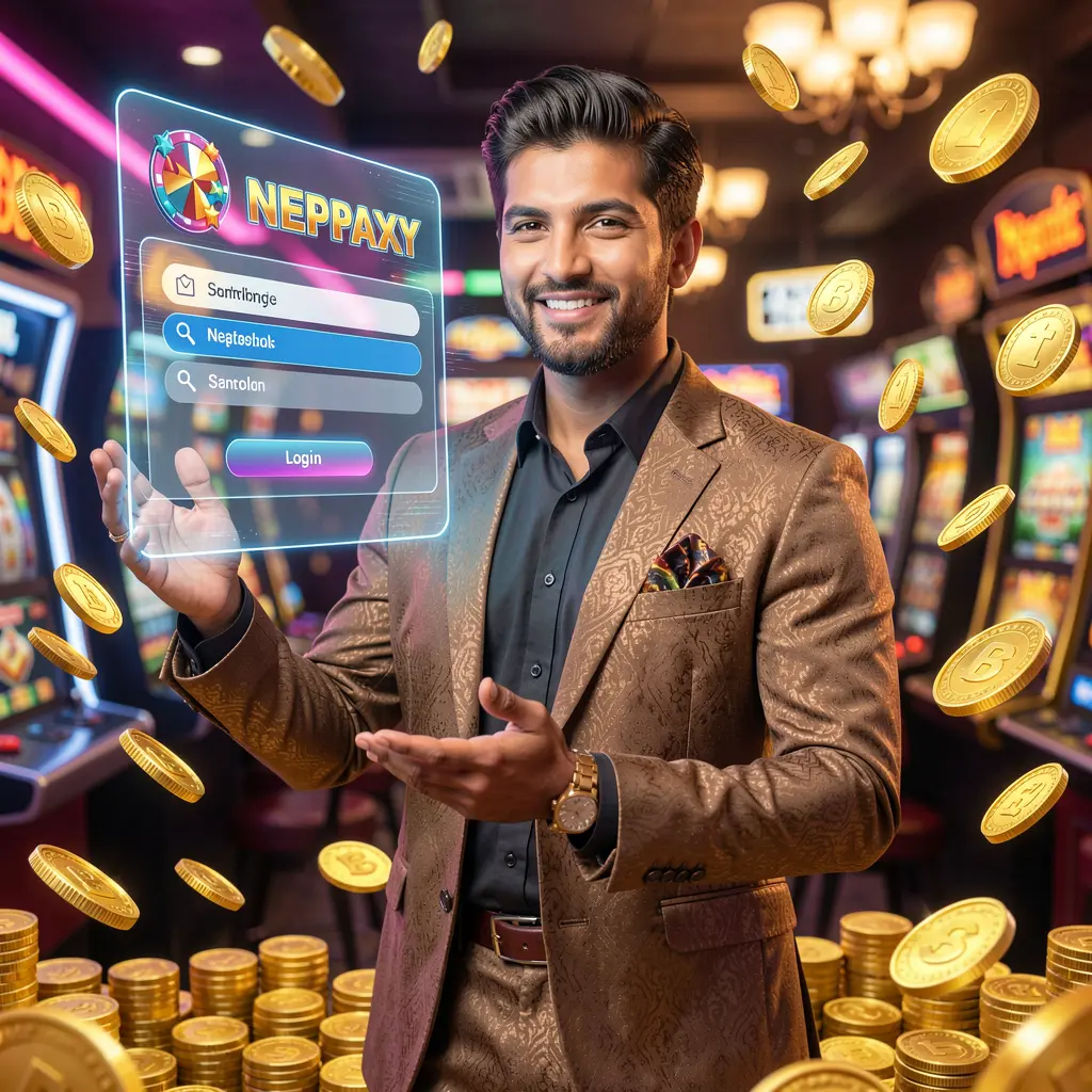 Professional JOY111 casino dealer welcoming players to a secure login interface with glowing lights and a premium gaming atmosphere in Nepal